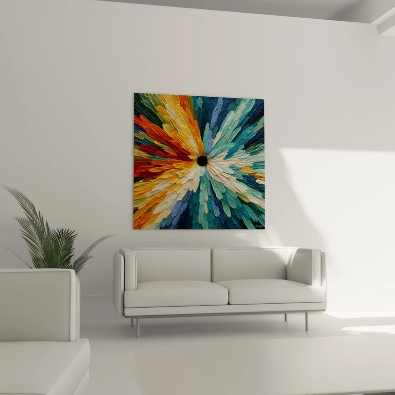 Tableau Fleur explosée bleu pétrole et orange safran - Éclosion centrifuge - Edition style Peinture abstrait