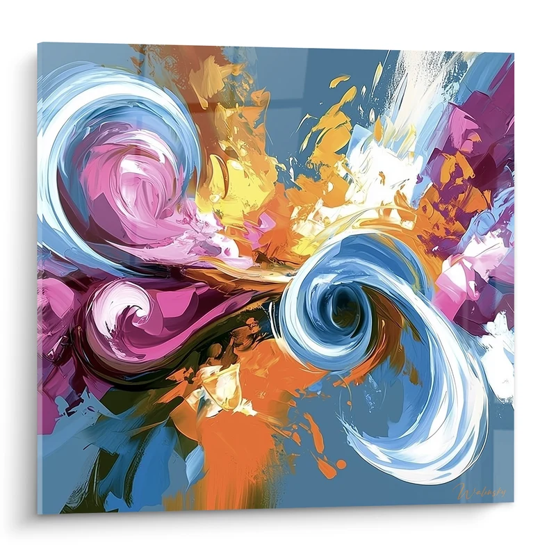 Tableau Spirales bleues et orangées tourbillonnantes - Tempête de couleurs - Edition style Peinture abstrait