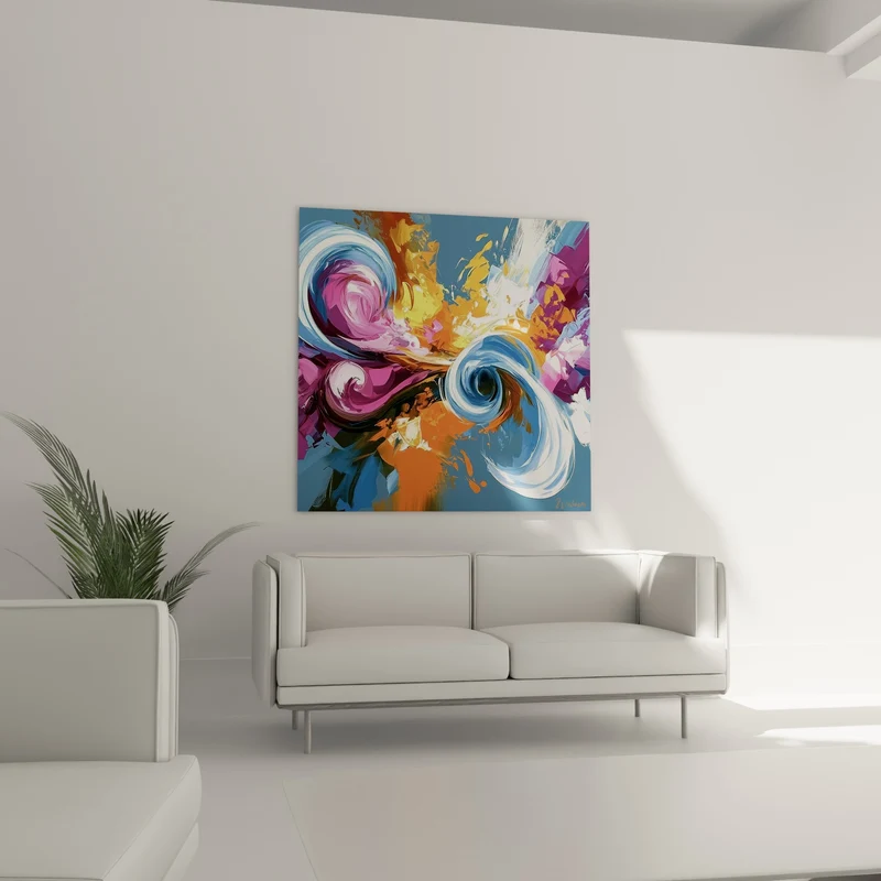 Tableau Spirales bleues et orangées tourbillonnantes - Tempête de couleurs - Edition style Peinture abstrait