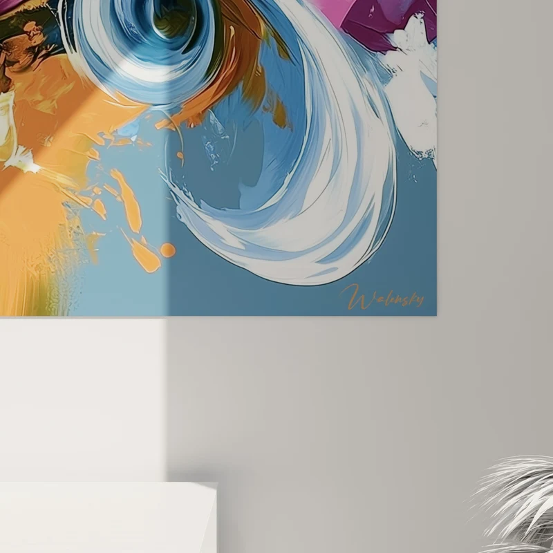 Tableau Spirales bleues et orangées tourbillonnantes - Tempête de couleurs - Edition style Peinture abstrait