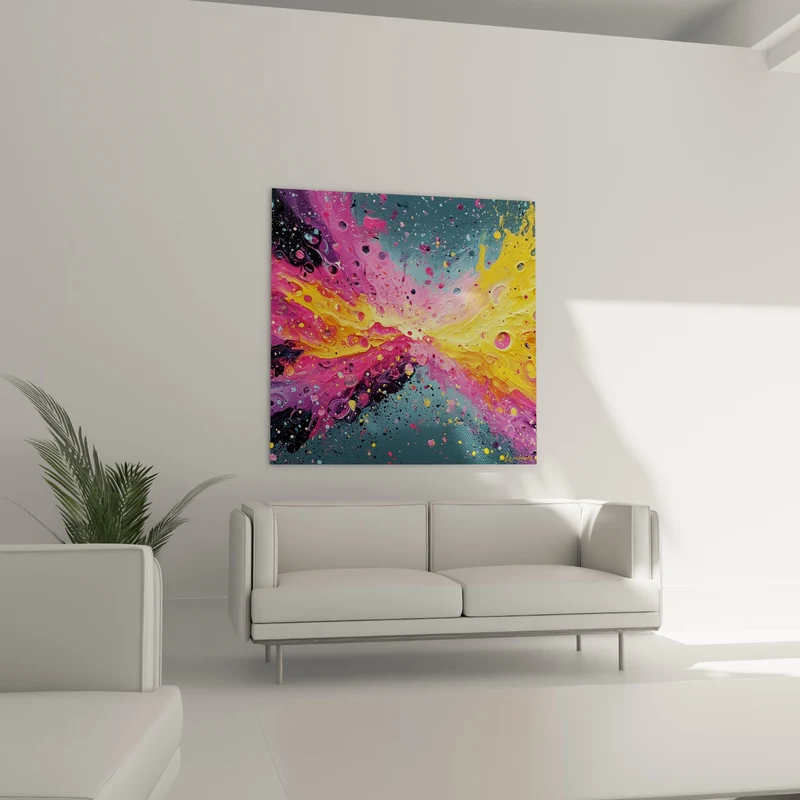Tableau Explosion diagonale jaune et rose éclaboussée - Comète chromatique - Edition style Peinture abstrait