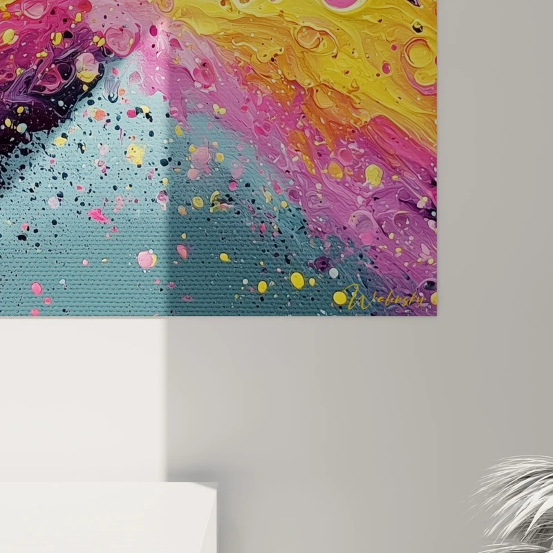 Tableau Explosion diagonale jaune et rose éclaboussée - Comète chromatique - Edition style Peinture abstrait