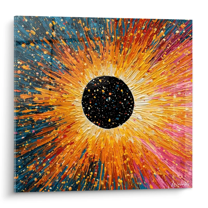 Tableau Éclipse noire aux rayons oranges et bleus - Explosion cosmique - Edition style Peinture abstrait