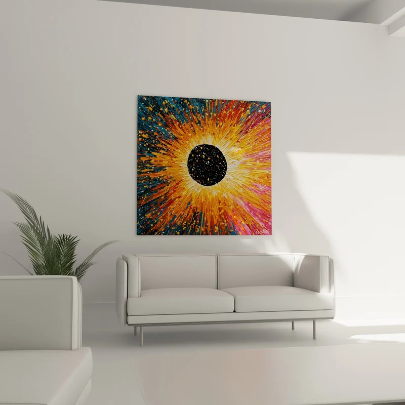 Tableau Éclipse noire aux rayons oranges et bleus - Explosion cosmique - Edition style Peinture abstrait