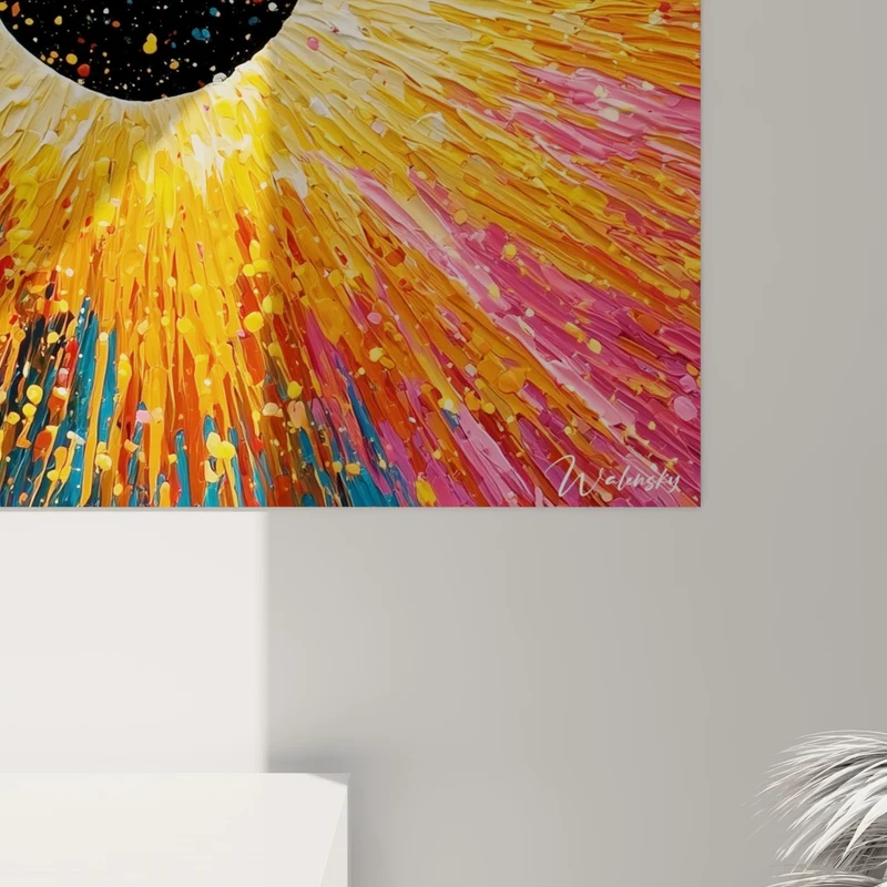 Tableau Éclipse noire aux rayons oranges et bleus - Explosion cosmique - Edition style Peinture abstrait