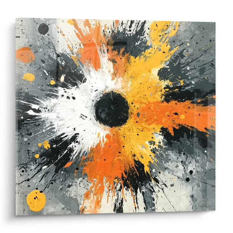 Tableau Explosion orange et noire aux éclats dorés - Déflagration figée - Edition style Peinture abstrait