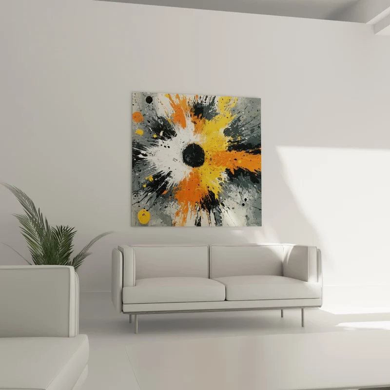 Tableau Explosion orange et noire aux éclats dorés - Déflagration figée - Edition style Peinture abstrait