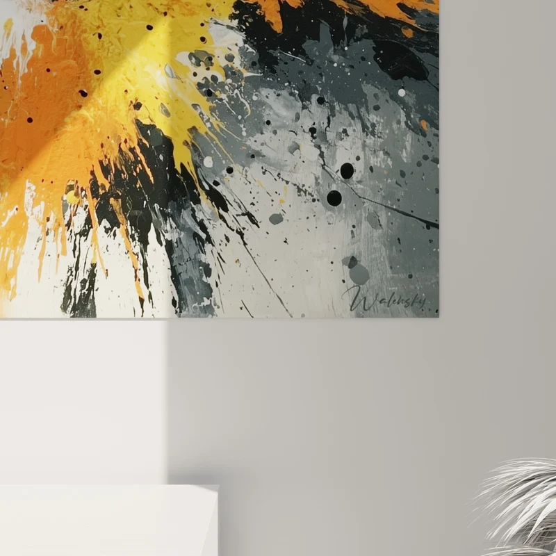 Tableau Explosion orange et noire aux éclats dorés - Déflagration figée - Edition style Peinture abstrait