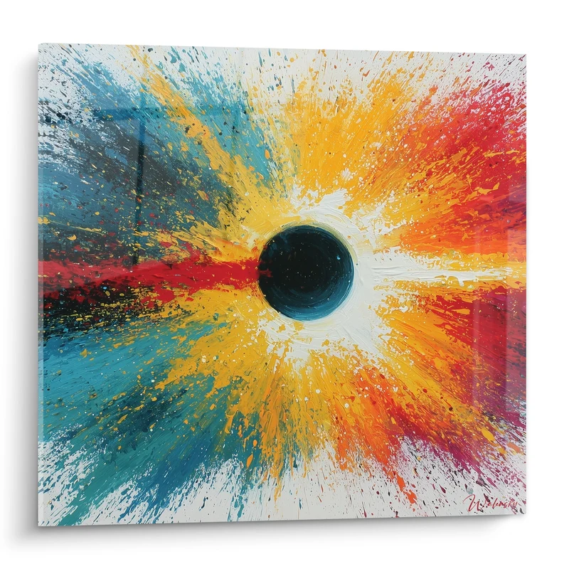 Tableau Sphère noire aux éclats bleu turquoise et jaune - Big bang chromatique - Edition style Peinture abstrait