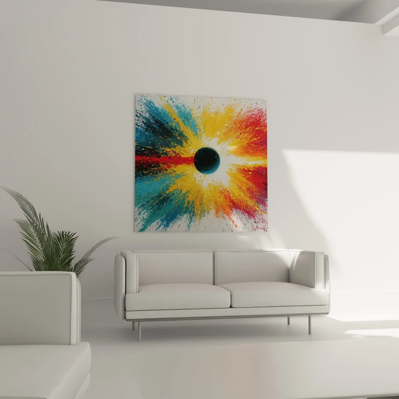 Tableau Sphère noire aux éclats bleu turquoise et jaune - Big bang chromatique - Edition style Peinture abstrait
