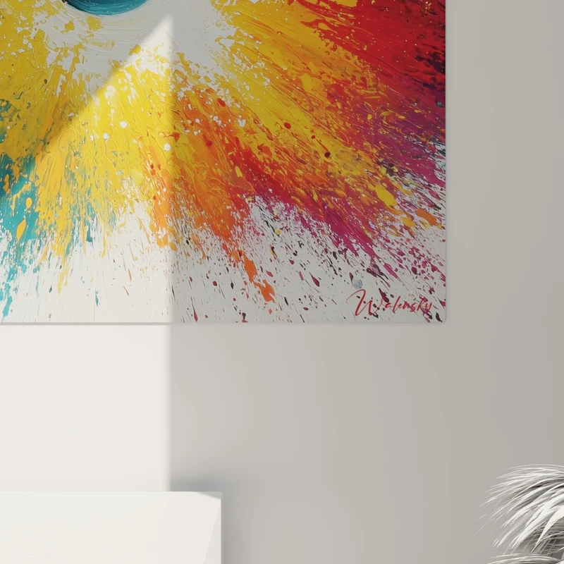 Tableau Sphère noire aux éclats bleu turquoise et jaune - Big bang chromatique - Edition style Peinture abstrait