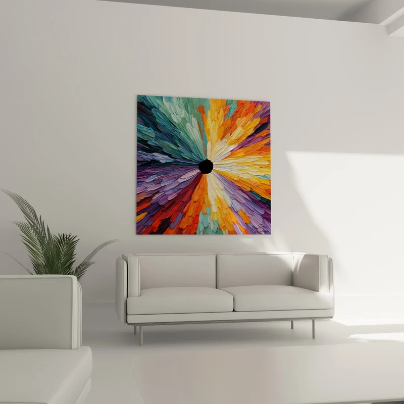 Tableau Fleur éclatée orange et violet centre noir - Éruption florale - Edition style Peinture abstrait