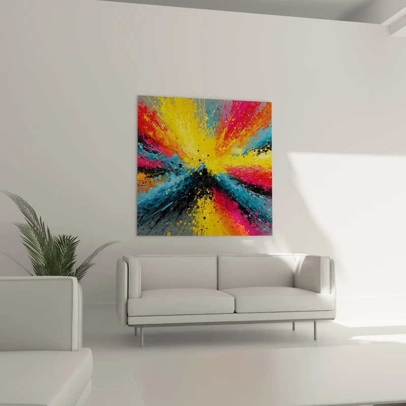 Tableau Éclaboussures jaune et bleu en éventail - Déflagration chromatique - Edition style Peinture abstrait