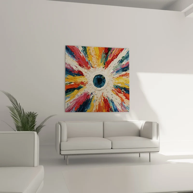 Tableau Explosion circulaire multicolore au centre bleu - Onde cosmique - Edition style Peinture abstrait