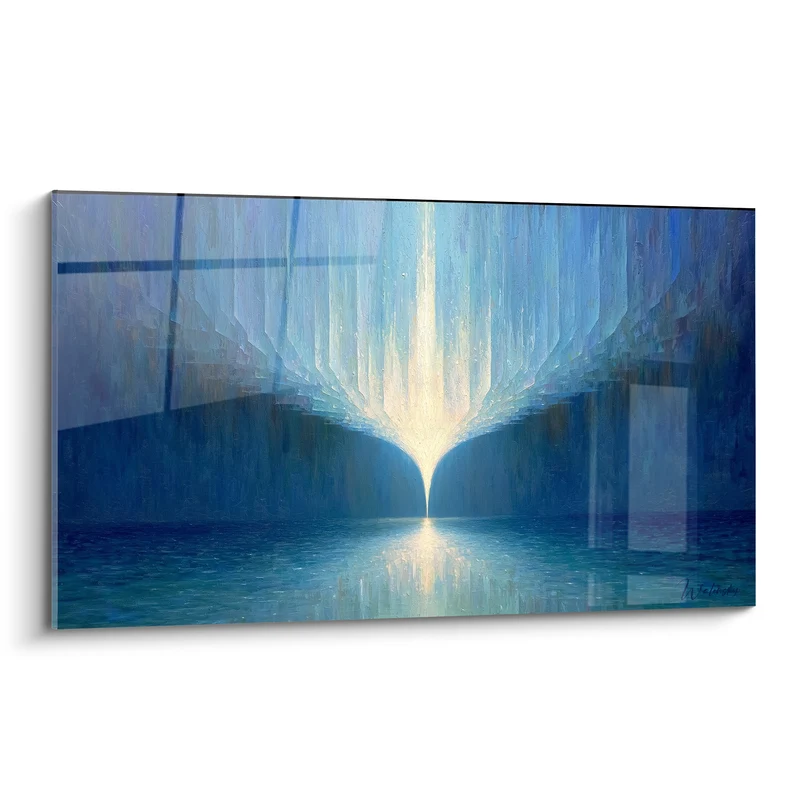 Tableau Entonnoir bleu et blanc au dessus d'un lac - Faisceau lumineux vertical - Edition style Peinture abstrait