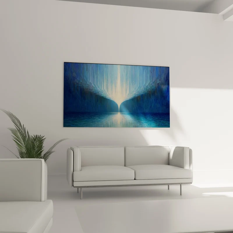 Tableau Entonnoir bleu et blanc au dessus d'un lac - Faisceau lumineux vertical - Edition style Peinture abstrait