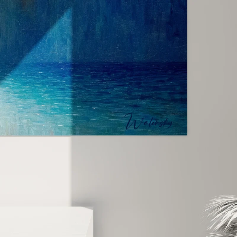 Tableau Entonnoir bleu et blanc au dessus d'un lac - Faisceau lumineux vertical - Edition style Peinture abstrait