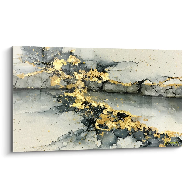 Tableau Faille dorée aux marbrures anthracite et ivoire - Éclat minéral - Edition style Peinture abstrait
