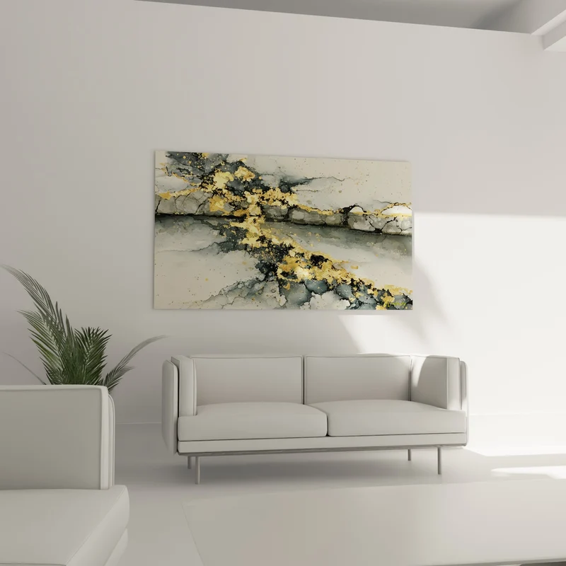 Tableau Faille dorée aux marbrures anthracite et ivoire - Éclat minéral - Edition style Peinture abstrait