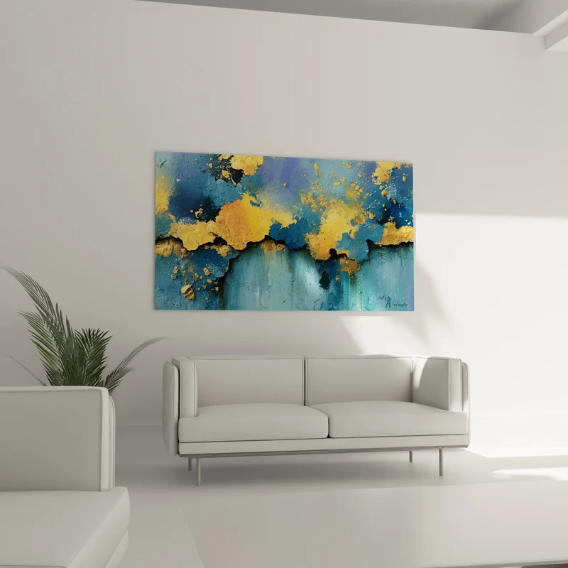 Tableau Éclats dorés sur fond bleu profond - Faille lumineuse - Edition style Peinture abstrait