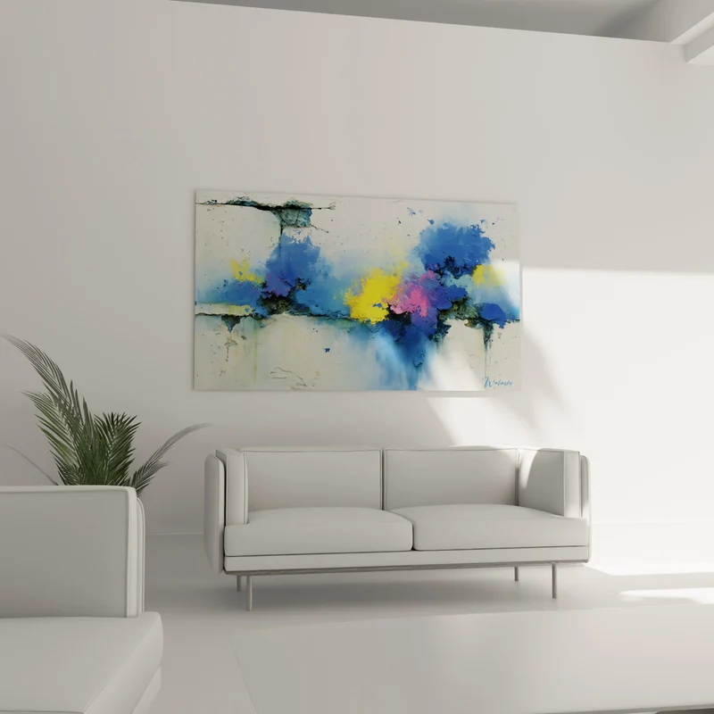 Tableau Éclaboussures bleues et jaunes sur fond blanc - Éclat suspendu - Edition style Peinture abstrait