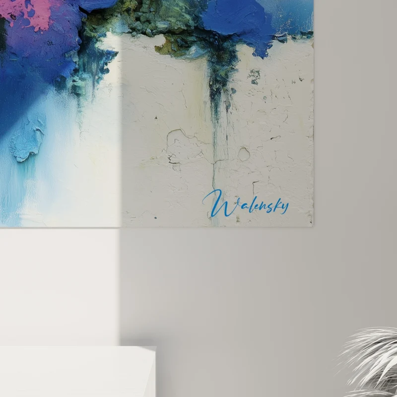 Tableau Éclaboussures bleues et jaunes sur fond blanc - Éclat suspendu - Edition style Peinture abstrait