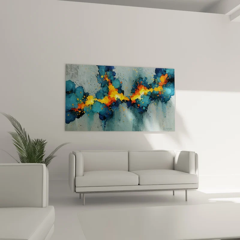 Tableau Faille lumineuse bleu et orange horizontale - Coulures d'encre grises - Edition style Peinture abstrait