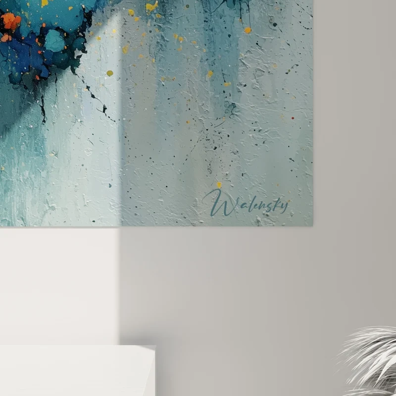Tableau Faille lumineuse bleu et orange horizontale - Coulures d'encre grises - Edition style Peinture abstrait