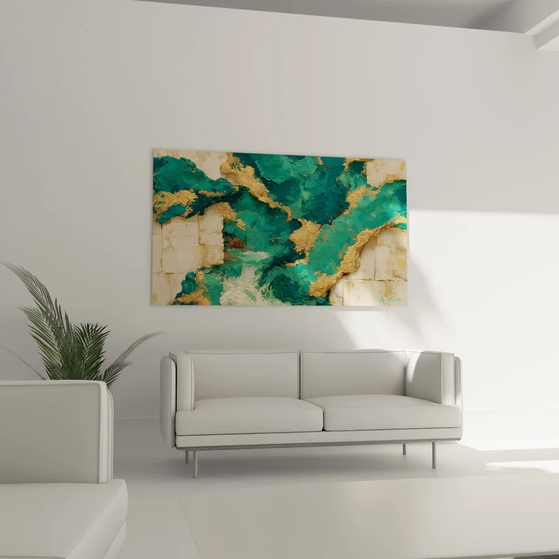 Tableau Coulées émeraude et dorées sur pierre ivoire - Faille précieuse - Edition style Peinture abstrait