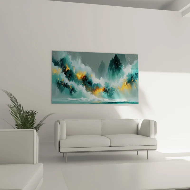 Tableau Vague déferlante sarcelle et orangée entre pics rocheux - Écume et braises - Edition style Peinture abstrait