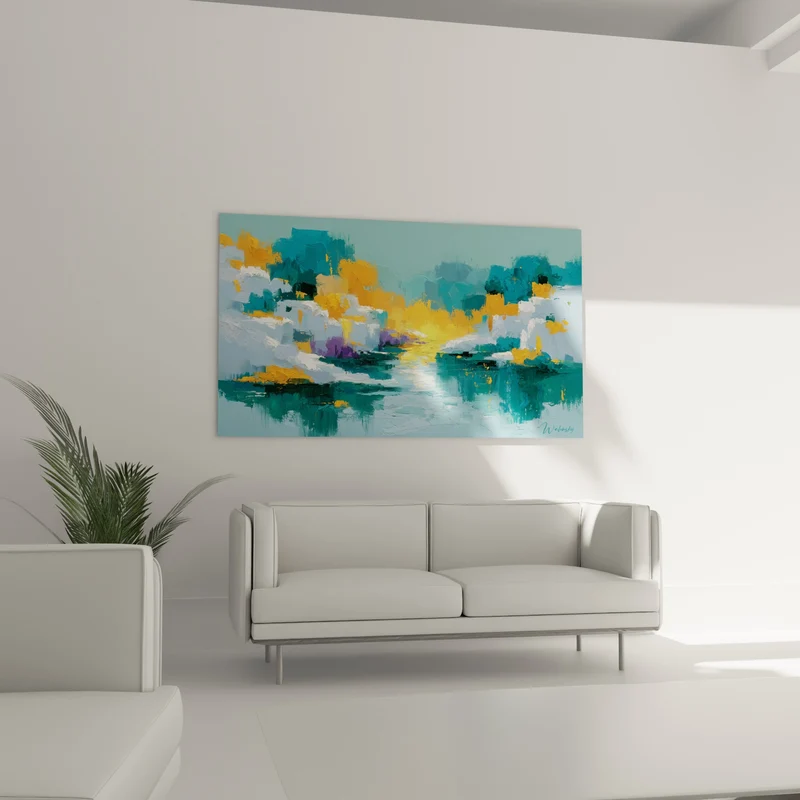 Tableau Rivière lumineuse aux touches turquoise et dorées - Éveil sur l'eau - Edition style Peinture abstrait