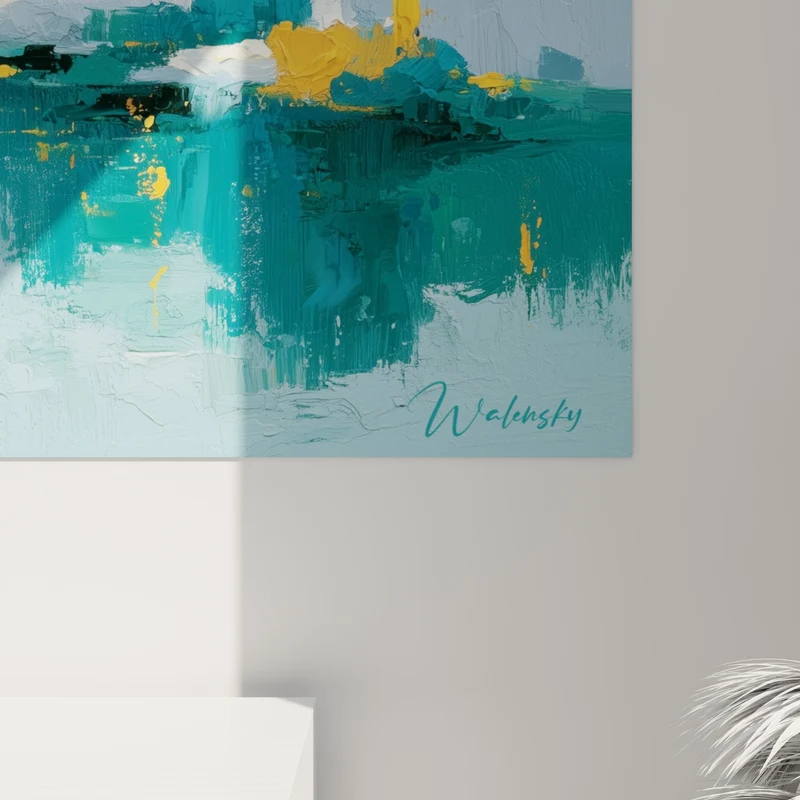 Tableau Rivière lumineuse aux touches turquoise et dorées - Éveil sur l'eau - Edition style Peinture abstrait