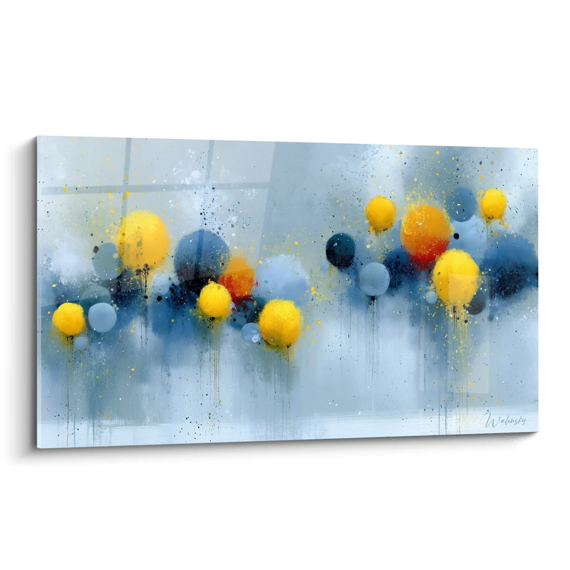 Tableau Sphères jaunes et bleu marine éclaboussées - Bulles suspendues - Edition style Peinture abstrait