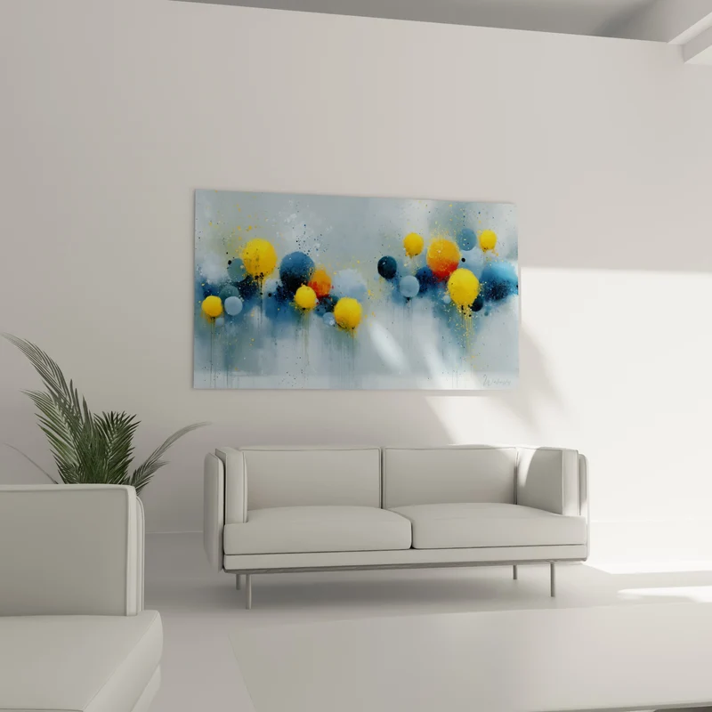 Tableau Sphères jaunes et bleu marine éclaboussées - Bulles suspendues - Edition style Peinture abstrait