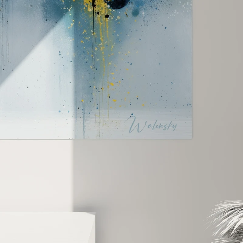 Tableau Sphères jaunes et bleu marine éclaboussées - Bulles suspendues - Edition style Peinture abstrait