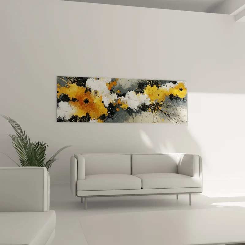 Tableau Éclaboussures ocre et anthracite en mouvement - Déflagration silencieuse - Edition style Peinture abstrait