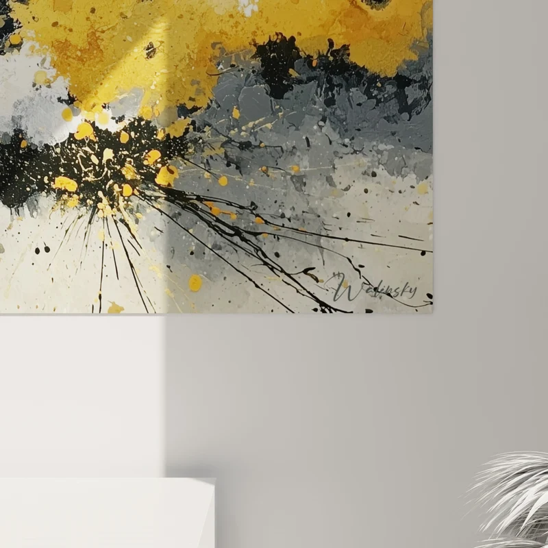 Tableau Éclaboussures ocre et anthracite en mouvement - Déflagration silencieuse - Edition style Peinture abstrait