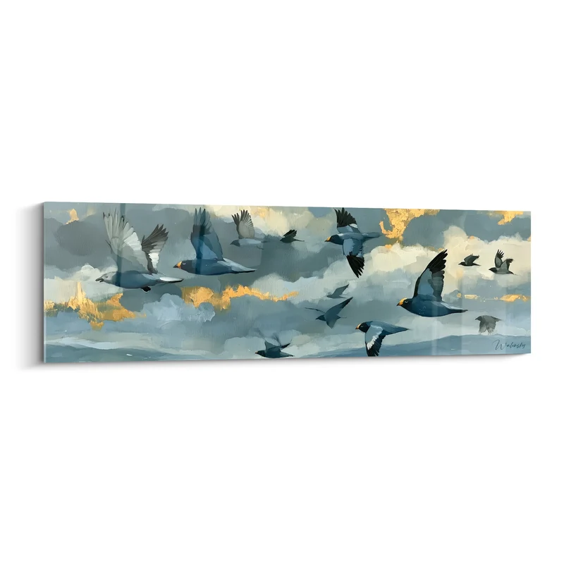 Tableau Oiseaux bleus et dorés en envol - Envol vers le large - Edition style Peinture abstrait