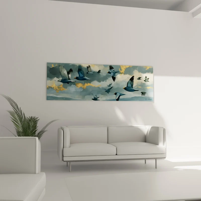 Tableau Oiseaux bleus et dorés en envol - Envol vers le large - Edition style Peinture abstrait