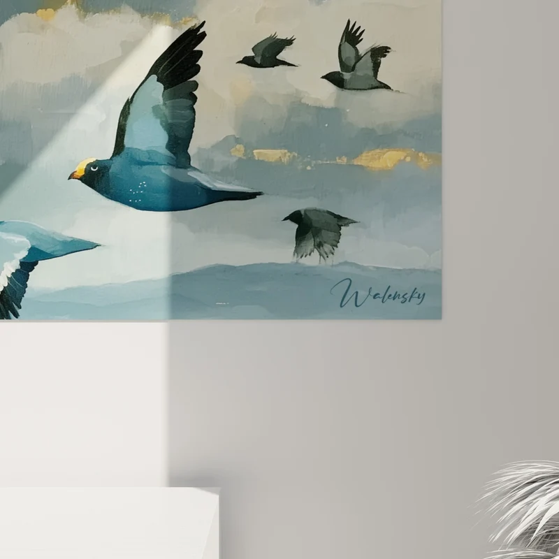 Tableau Oiseaux bleus et dorés en envol - Envol vers le large - Edition style Peinture abstrait