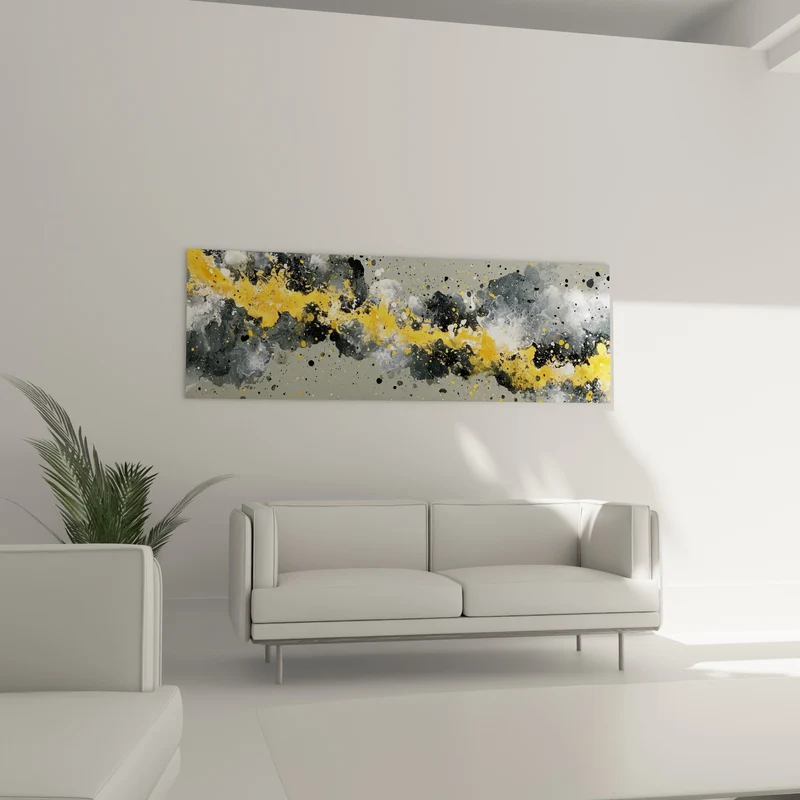 Tableau Traînée jaune et noire aux éclaboussures denses - Poussière stellaire grise - Edition style Peinture abstrait