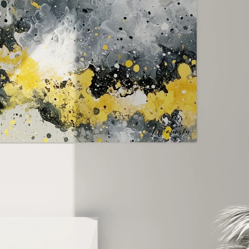 Tableau Traînée jaune et noire aux éclaboussures denses - Poussière stellaire grise - Edition style Peinture abstrait