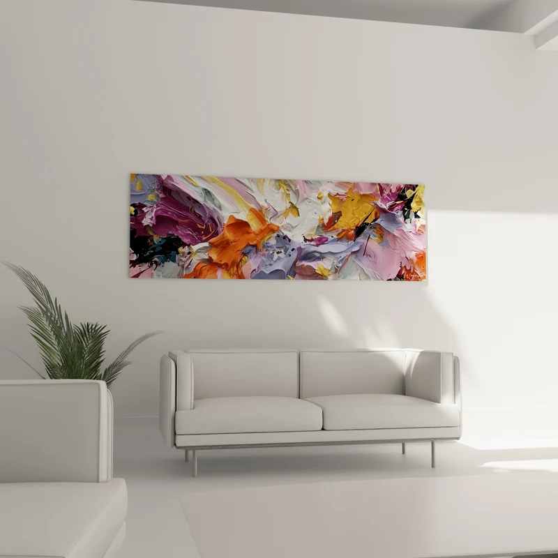 Tableau Empâtements mauves et orangés en mouvement - Éclosion florale - Edition style Peinture abstrait