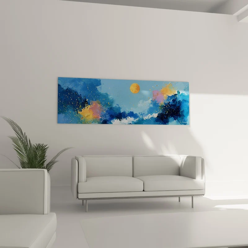 Tableau Lune orange sur vagues bleu marine - Veille nocturne - Edition style Peinture abstrait