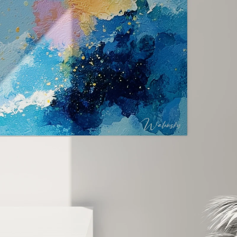Tableau Lune orange sur vagues bleu marine - Veille nocturne - Edition style Peinture abstrait