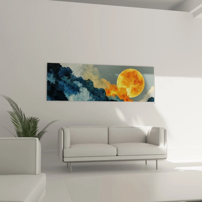 Tableau Lune orange émergeant de nuages bleus texturés - Disque solaire embrasé - Edition style Peinture abstrait