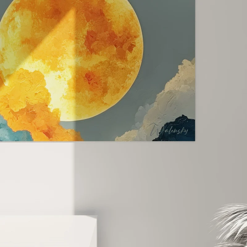 Tableau Lune orange émergeant de nuages bleus texturés - Disque solaire embrasé - Edition style Peinture abstrait