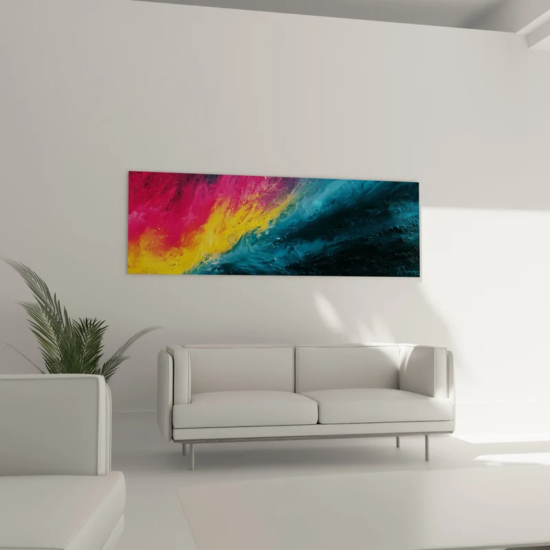 Tableau Vague diagonale rose et bleu sarcelle - Collision chromatique nocturne - Edition style Peinture abstrait