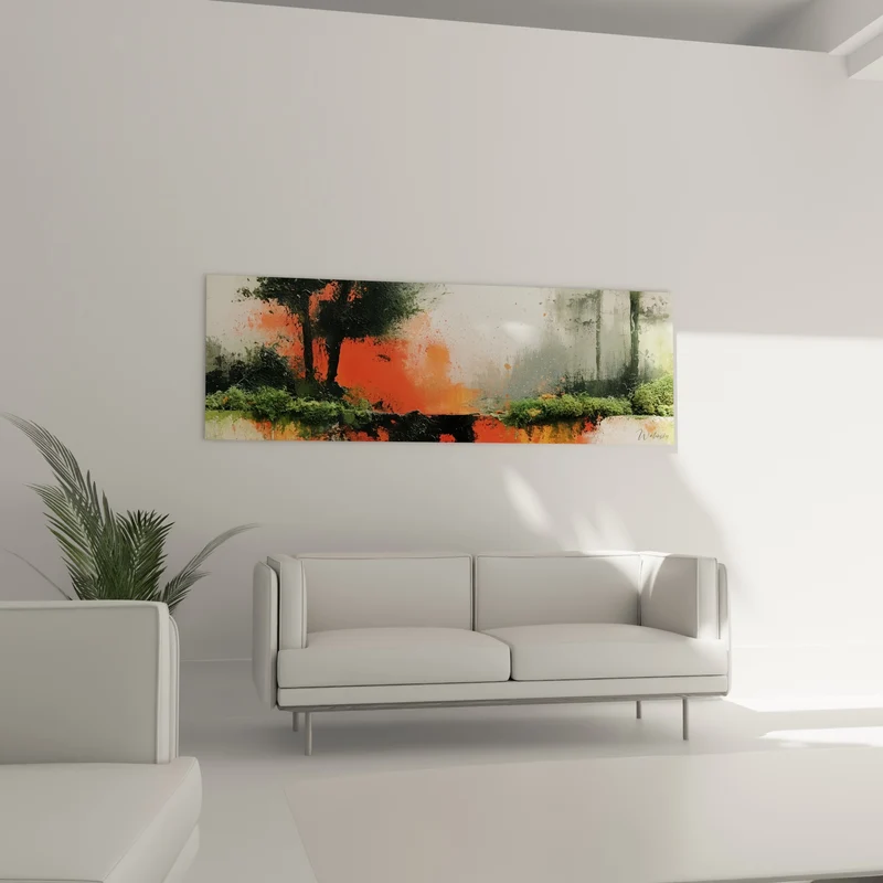 Tableau Forêt orange et vert au bord d'un étang - Incendie silencieux - Edition style Peinture abstrait