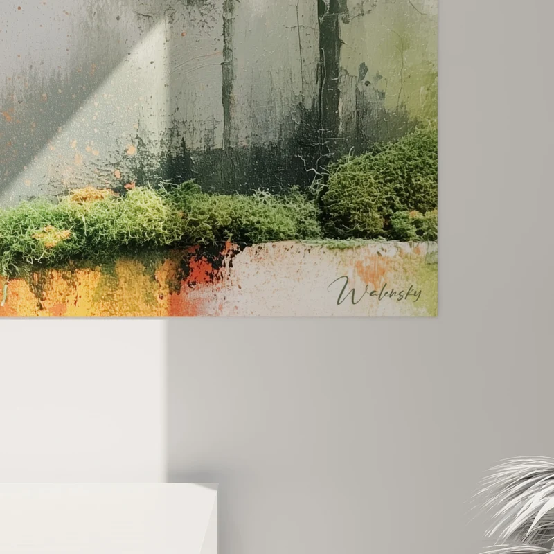 Tableau Forêt orange et vert au bord d'un étang - Incendie silencieux - Edition style Peinture abstrait